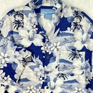 Bermuda Bay Silk Hawaiian Shirt Mens L Blue White Floral Aloha Outrigger Canoe